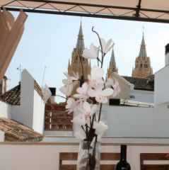 Uitzicht op de stad vanaf het terras van de appartementen