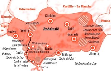 Kaart fly drive Sevilla en de Costa de la Luz Andalusie 8 dagen